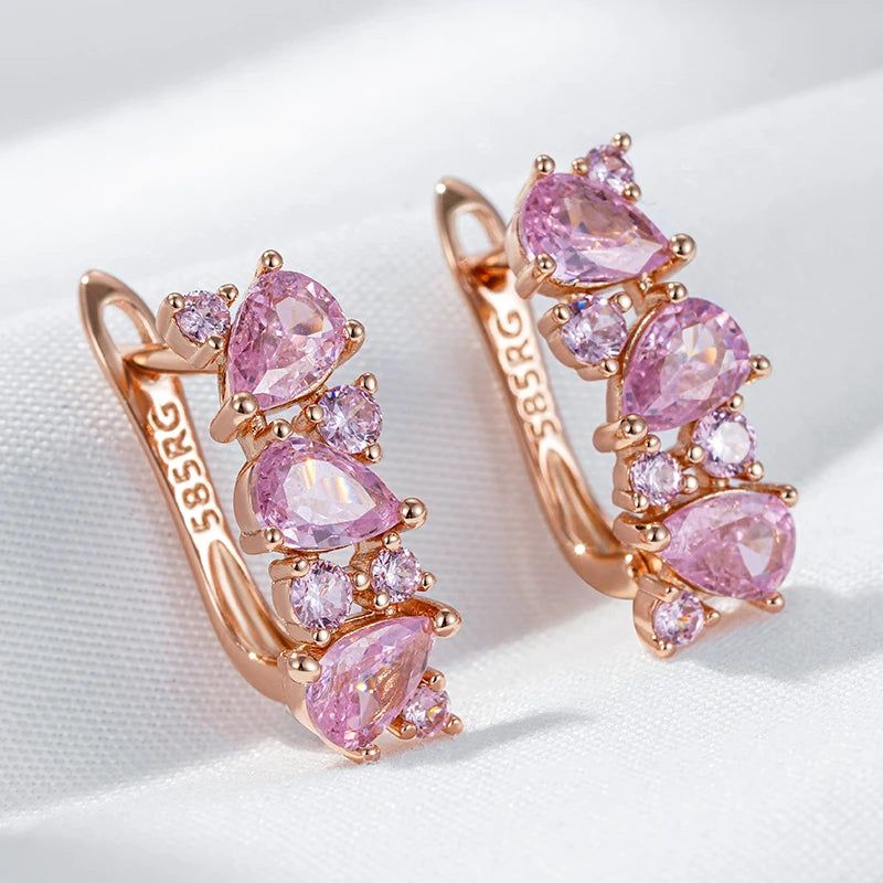 Luxurious Rose Gold Pink Zircon Full Paved Drop Earrings