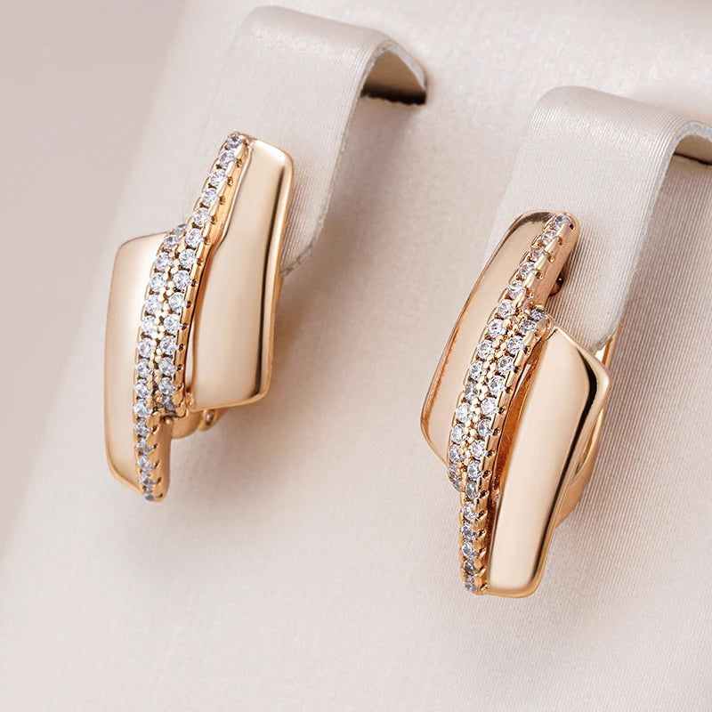 Luxury 585 Rose Gold Geometric Drop Earrings with Natural Zircon for Elegant Occasions