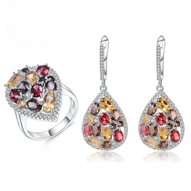 Luxury 925 Sterling Silver Jewelry Set For Women Smoky Quartz Citrine