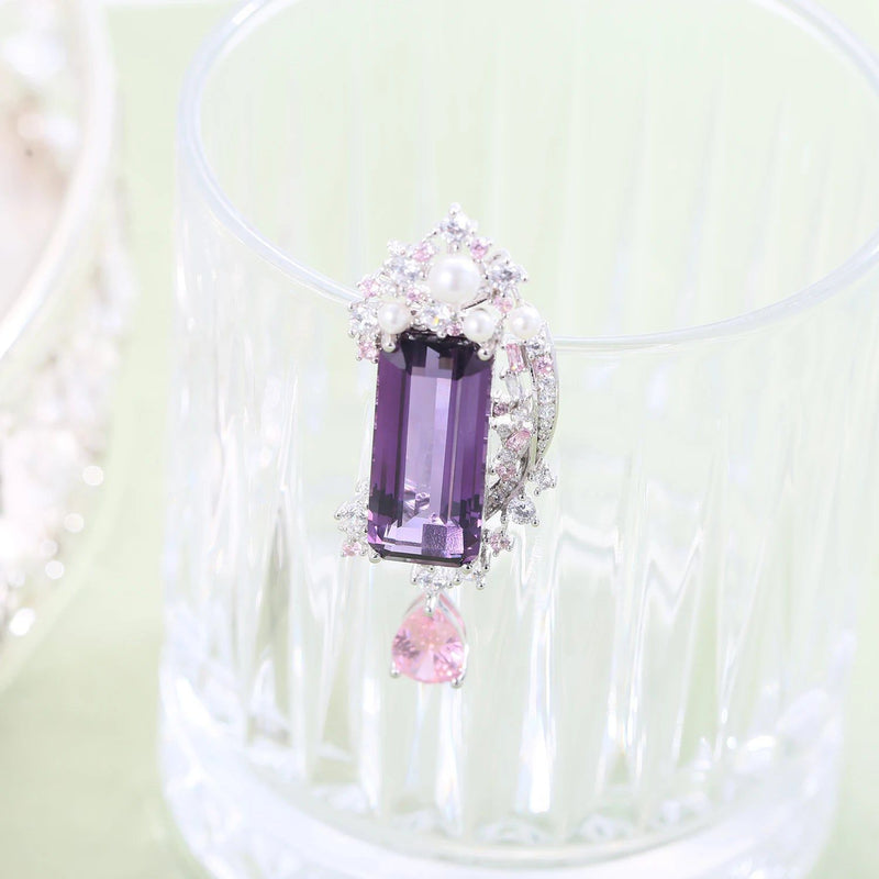 Luxury Brooch Unisex Floral Amethyst in 925 Silver