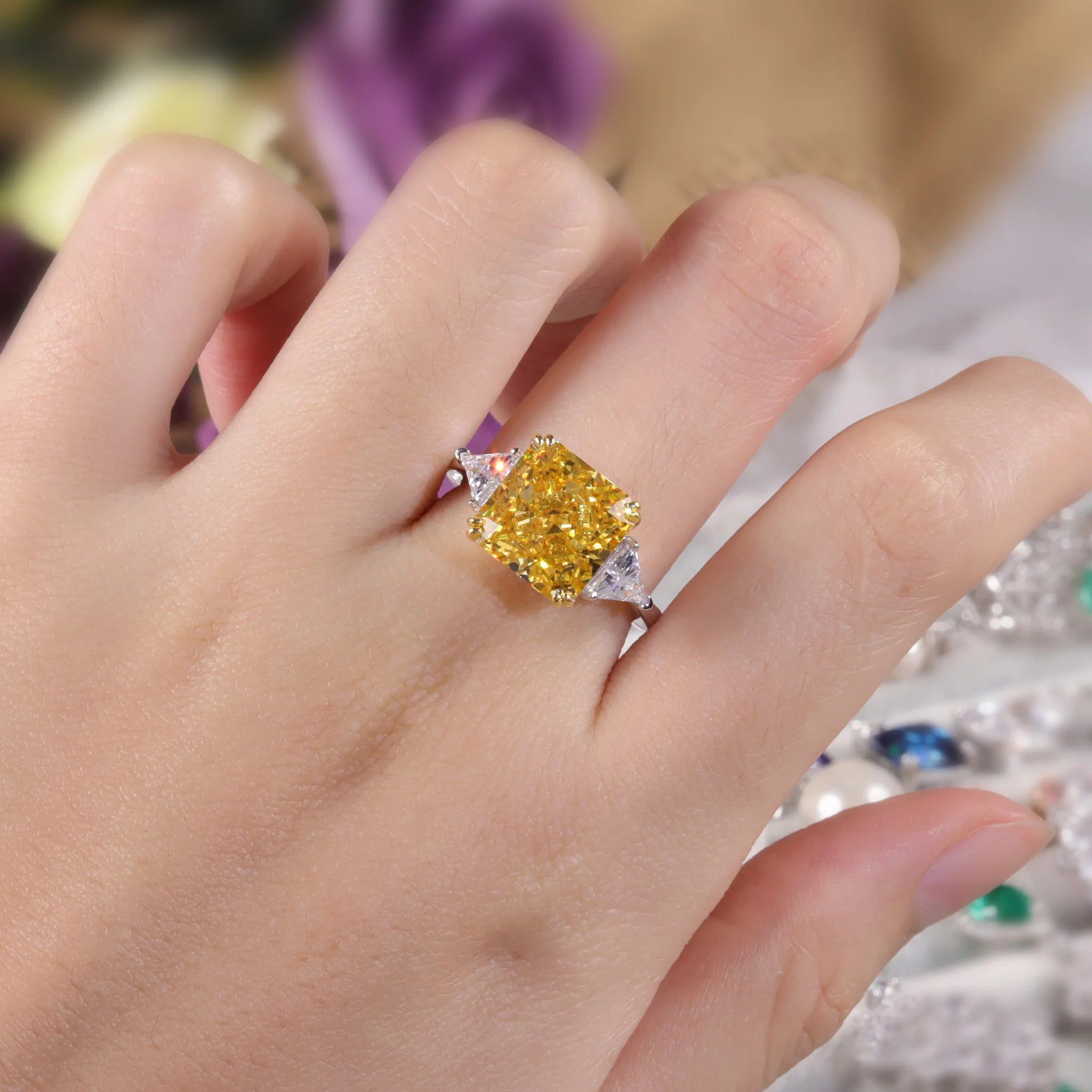 Luxury Diamond-fire CZ Fancy Vivid Yellow Ring 925 Silver