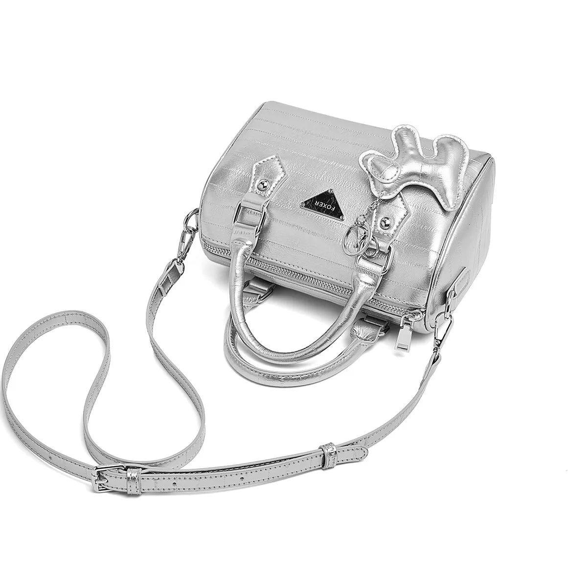 Luxury Foxer Silver PU Leather Crossbody Bag for Women - Stylish Shoulder Handbag with Pillow Design