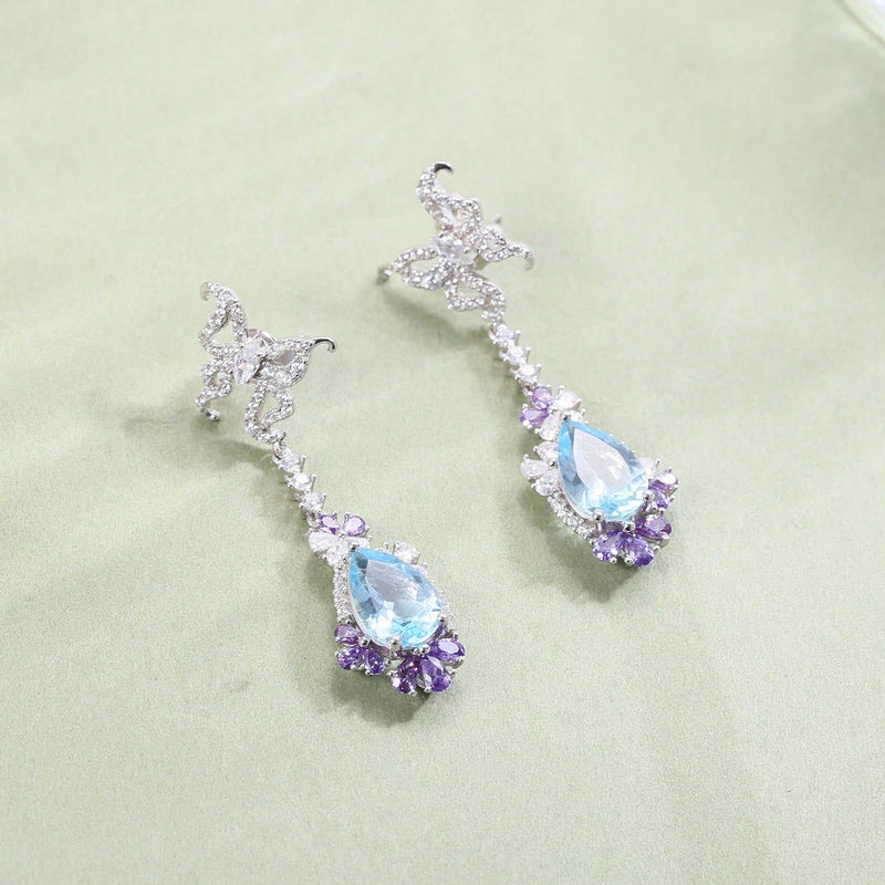 Luxury Natural Sky Blue Topaz Statement Earrings in 925 Sterling Silver