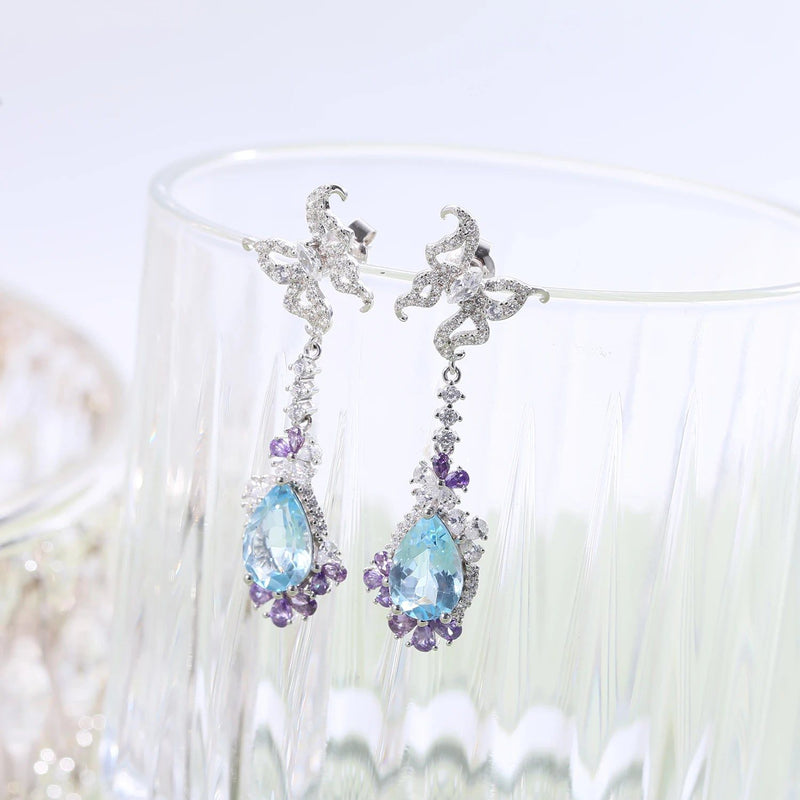 Luxury Natural Sky Blue Topaz Statement Earrings in 925 Sterling Silver