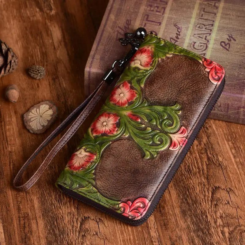 Luxury Retro Embossed Cow Leather Women’s Large Clutch Wallet with Card Holder and Phone Purse