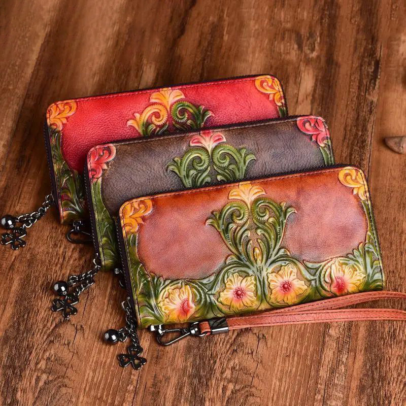 Luxury Retro Embossed Cow Leather Women’s Large Clutch Wallet with Card Holder and Phone Purse