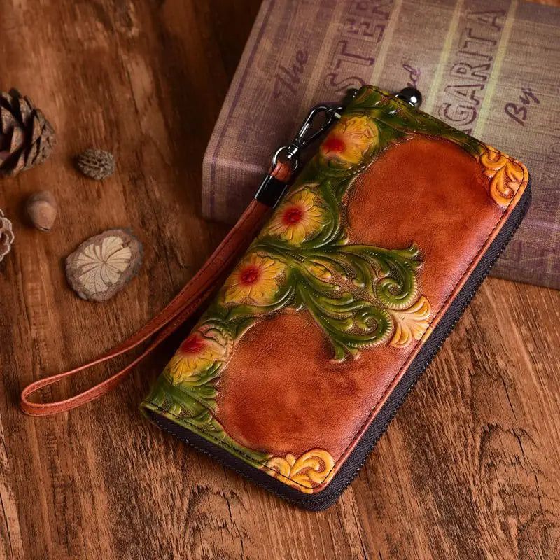 Luxury Retro Embossed Cow Leather Women’s Large Clutch Wallet with Card Holder and Phone Purse