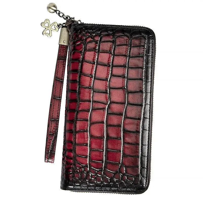 Luxury Retro Genuine Leather Alligator Pattern Women's Wallet - Premium Cowhide Hand Purse with Card Holder and Zipper Closure