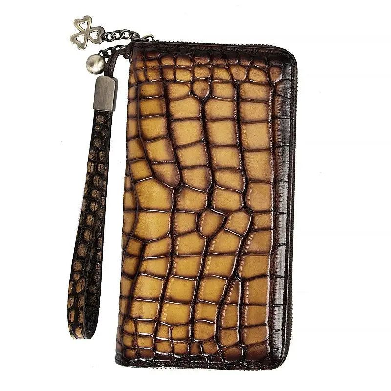 Luxury Retro Genuine Leather Alligator Pattern Women's Wallet - Premium Cowhide Hand Purse with Card Holder and Zipper Closure