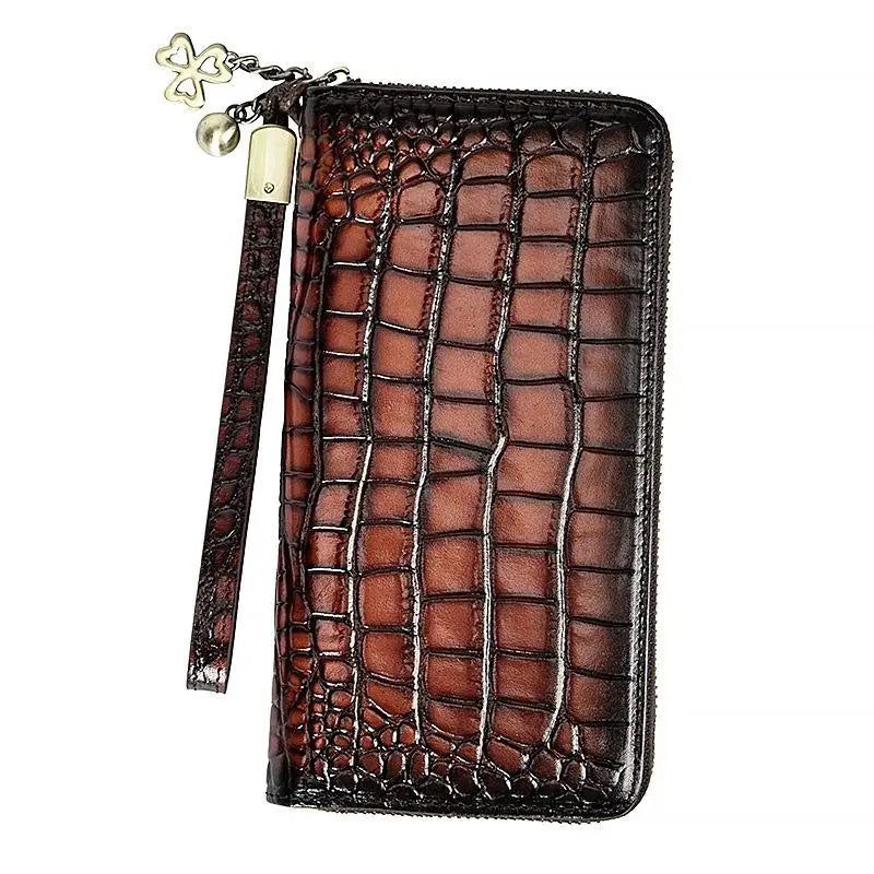 Luxury Retro Genuine Leather Alligator Pattern Women's Wallet - Premium Cowhide Hand Purse with Card Holder and Zipper Closure