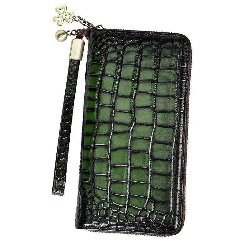 Luxury Retro Genuine Leather Alligator Pattern Women's Wallet - Premium Cowhide Hand Purse with Card Holder and Zipper Closure