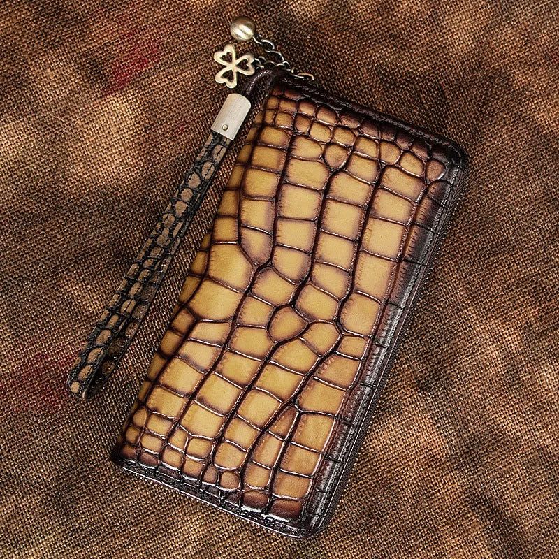 Luxury Retro Genuine Leather Alligator Pattern Women's Wallet - Premium Cowhide Hand Purse with Card Holder and Zipper Closure