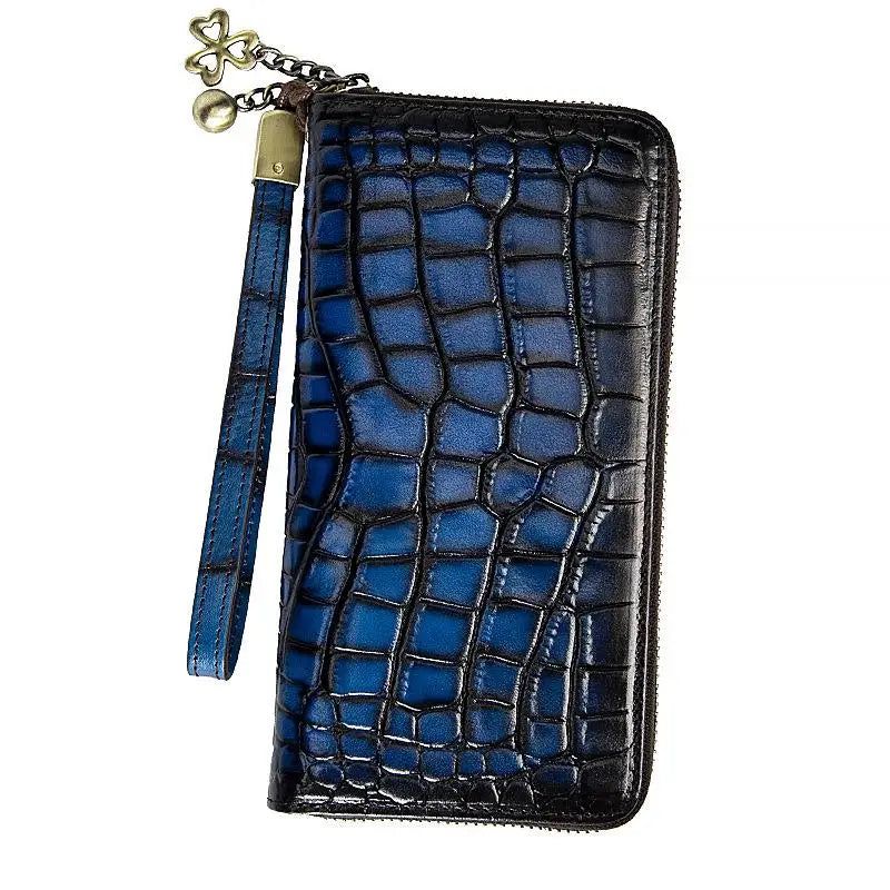 Luxury Retro Genuine Leather Alligator Pattern Women's Wallet - Premium Cowhide Hand Purse with Card Holder and Zipper Closure