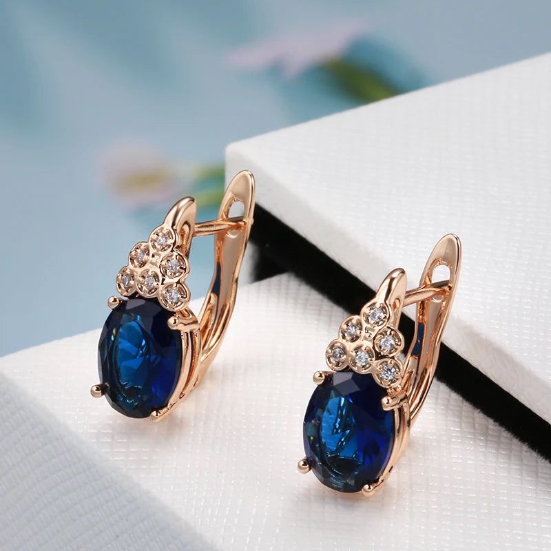 Majestic 585 Rose Gold Vintage Drop Earrings with Blue Natural Zircon and Crystal Accents