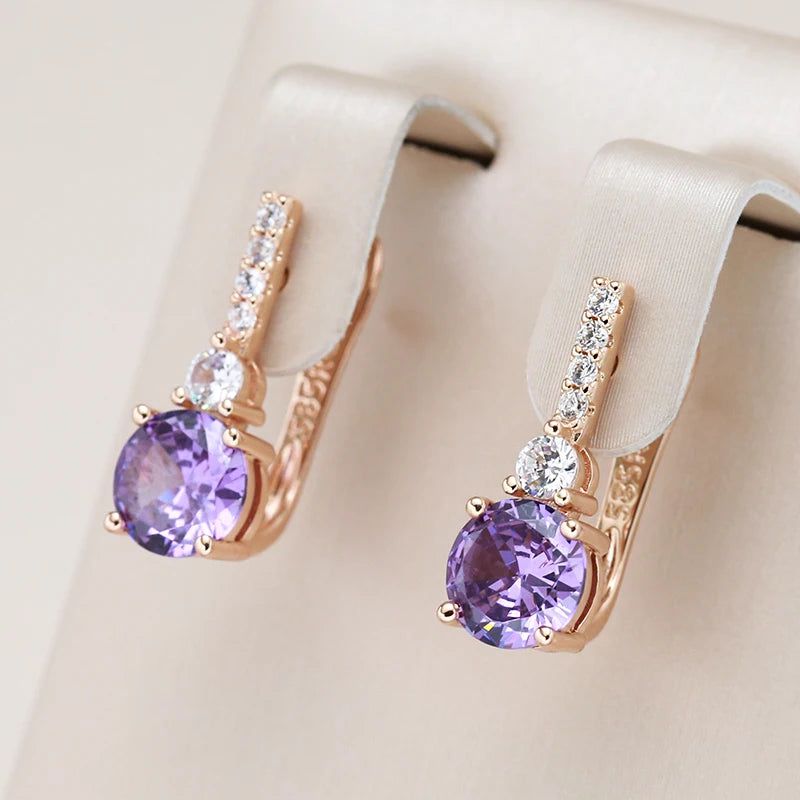 Majestic Round Purple Natural Zircon Earrings in 585 Rose Gold Finish