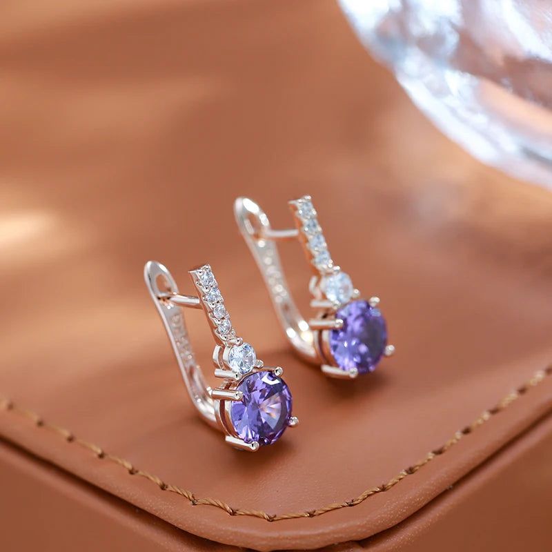 Majestic Round Purple Natural Zircon Earrings in 585 Rose Gold Finish