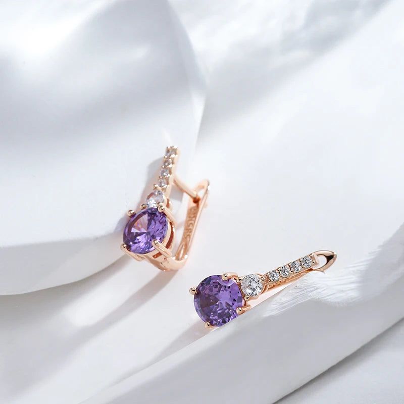 Majestic Round Purple Natural Zircon Earrings in 585 Rose Gold Finish