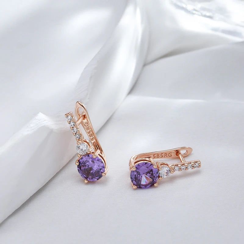 Majestic Round Purple Natural Zircon Earrings in 585 Rose Gold Finish