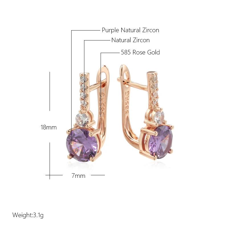 Majestic Round Purple Natural Zircon Earrings in 585 Rose Gold Finish