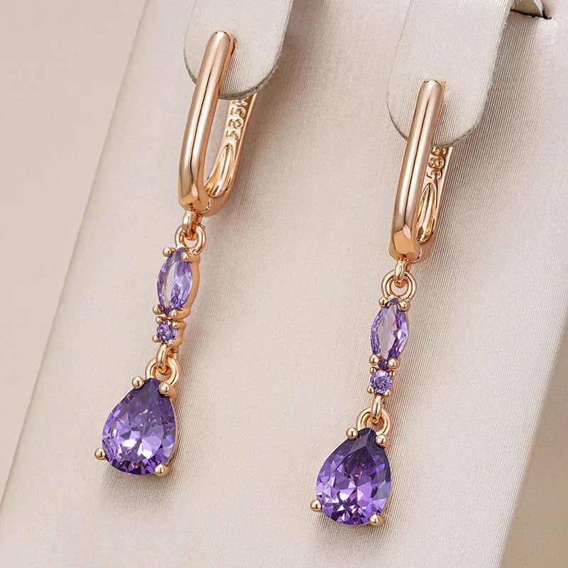 Majestic Shiny Purple Natural Zircon Drop Earrings in 585 Rose Gold Finish