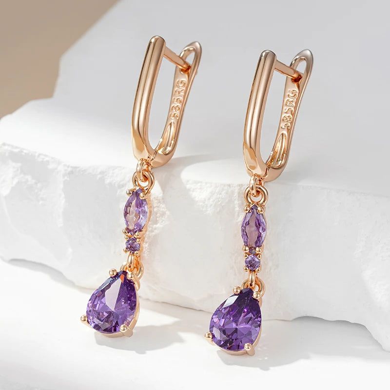 Majestic Shiny Purple Natural Zircon Drop Earrings in 585 Rose Gold Finish