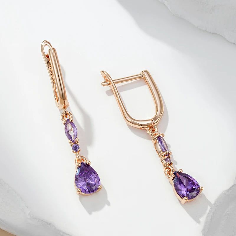 Majestic Shiny Purple Natural Zircon Drop Earrings in 585 Rose Gold Finish