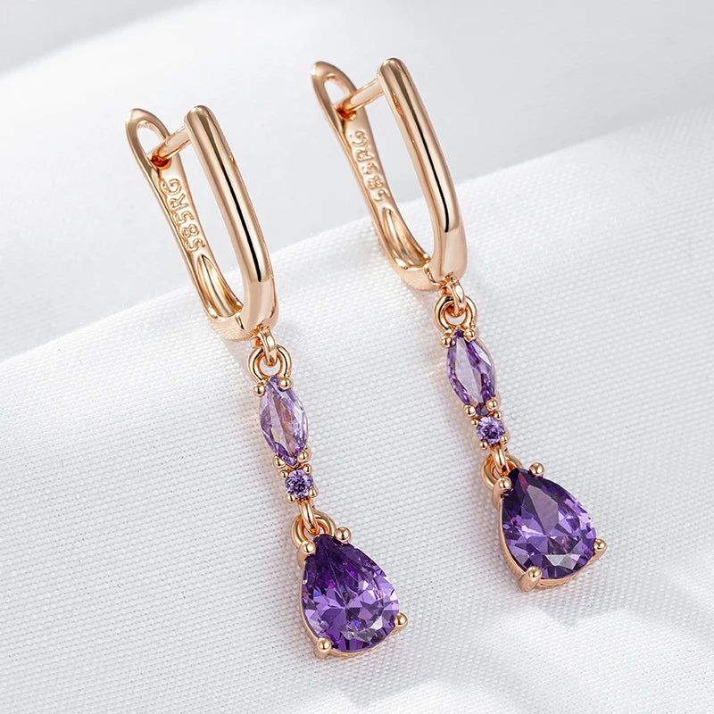 Majestic Shiny Purple Natural Zircon Drop Earrings in 585 Rose Gold Finish