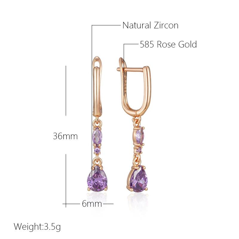 Majestic Shiny Purple Natural Zircon Drop Earrings in 585 Rose Gold Finish