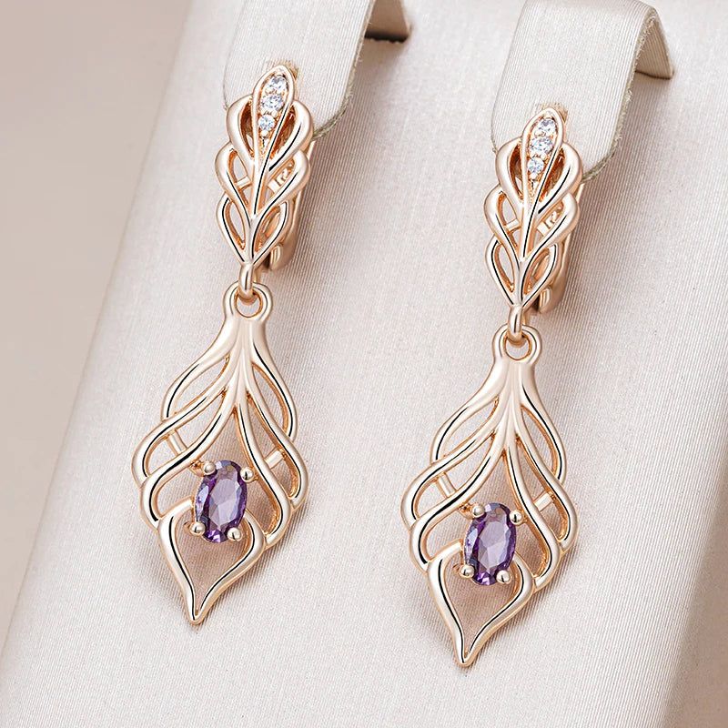 Majestic Shiny Purple Zircon Long Drop Earrings in Premium 585 Rose Gold Finish - Vintage-Inspired Fashion Jewelry