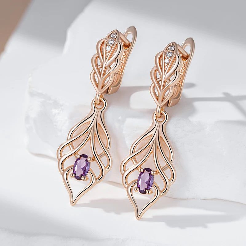 Majestic Shiny Purple Zircon Long Drop Earrings in Premium 585 Rose Gold Finish - Vintage-Inspired Fashion Jewelry