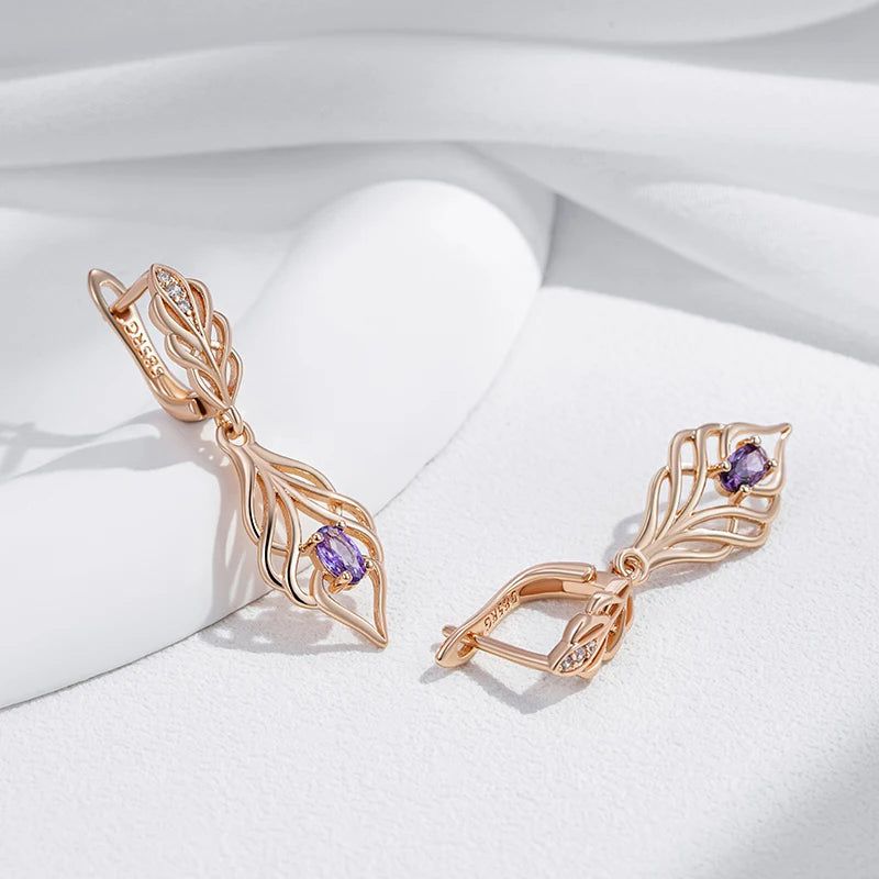 Majestic Shiny Purple Zircon Long Drop Earrings in Premium 585 Rose Gold Finish - Vintage-Inspired Fashion Jewelry