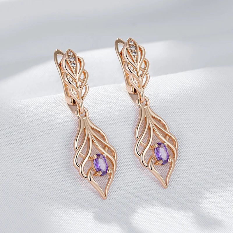 Majestic Shiny Purple Zircon Long Drop Earrings in Premium 585 Rose Gold Finish - Vintage-Inspired Fashion Jewelry