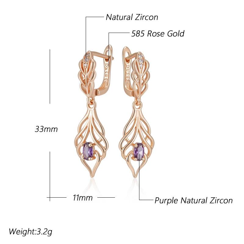 Majestic Shiny Purple Zircon Long Drop Earrings in Premium 585 Rose Gold Finish - Vintage-Inspired Fashion Jewelry