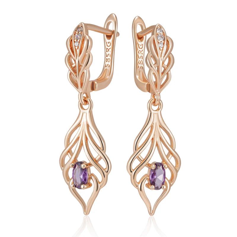 Majestic Shiny Purple Zircon Long Drop Earrings in Premium 585 Rose Gold Finish - Vintage-Inspired Fashion Jewelry