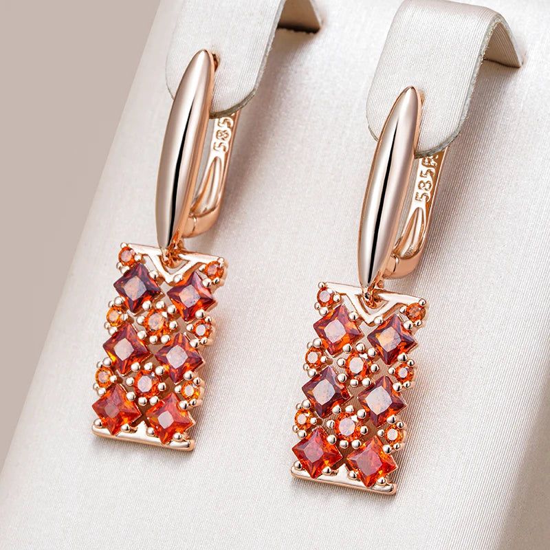 Majestic Shiny Red Cube Zircon Drop Earrings in 585 Rose Gold Finish