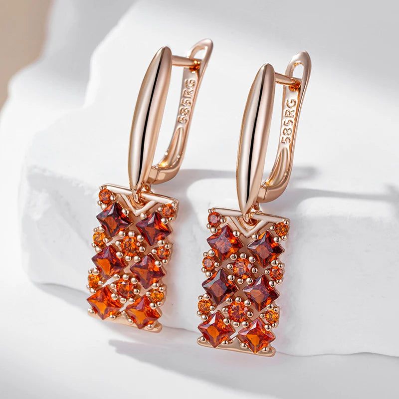 Majestic Shiny Red Cube Zircon Drop Earrings in 585 Rose Gold Finish