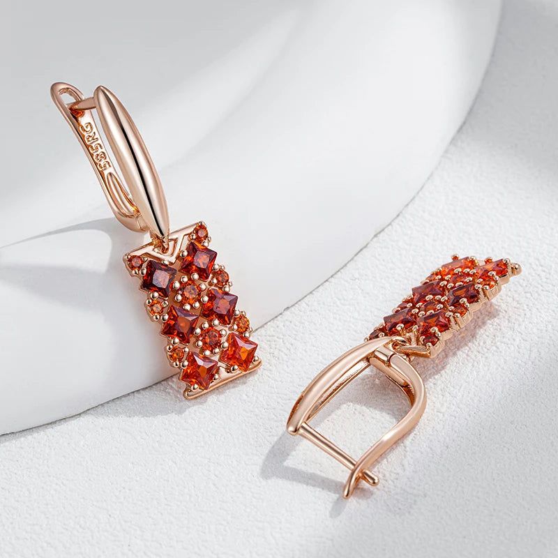 Majestic Shiny Red Cube Zircon Drop Earrings in 585 Rose Gold Finish