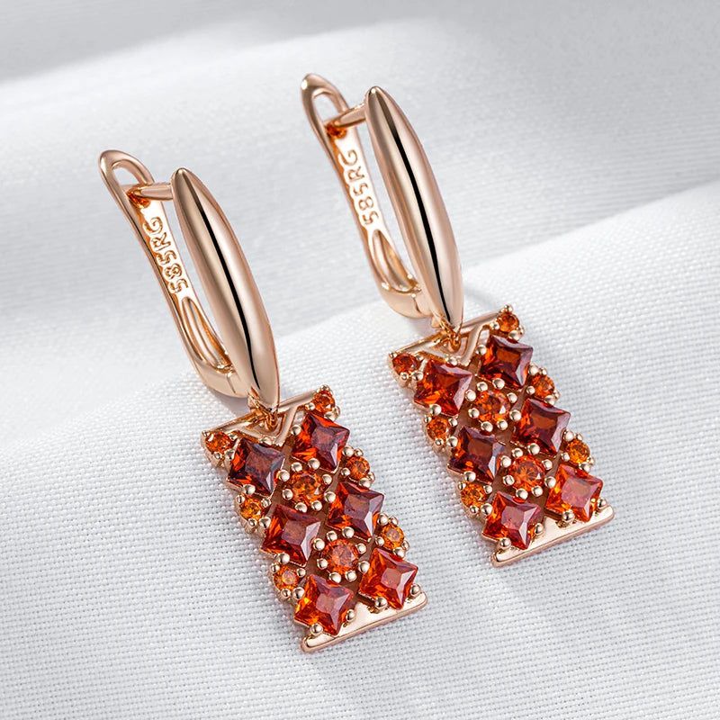 Majestic Shiny Red Cube Zircon Drop Earrings in 585 Rose Gold Finish