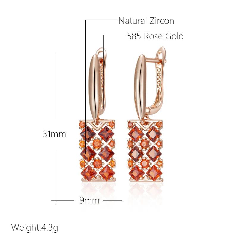 Majestic Shiny Red Cube Zircon Drop Earrings in 585 Rose Gold Finish