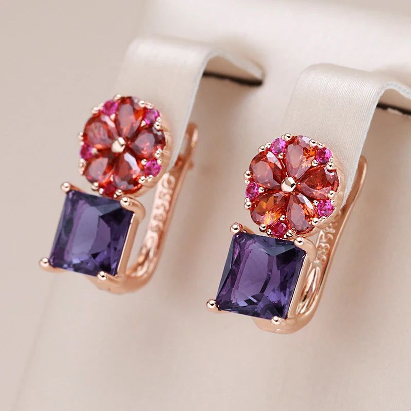 Majestic Square Purple Natural Zircon Drop Earrings in 585 Rose Gold Floral Design