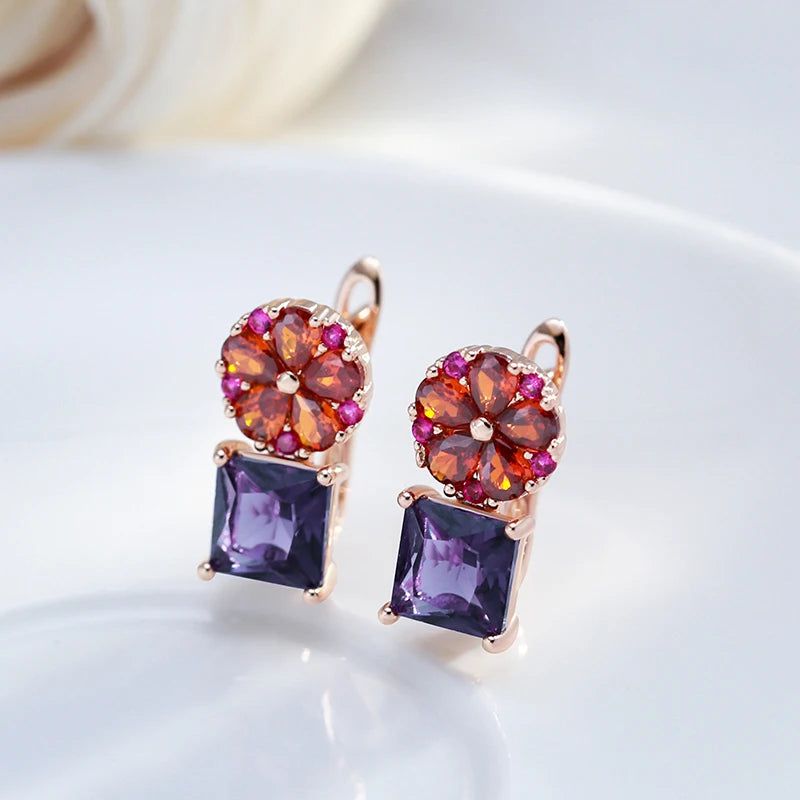 Majestic Square Purple Natural Zircon Drop Earrings in 585 Rose Gold Floral Design