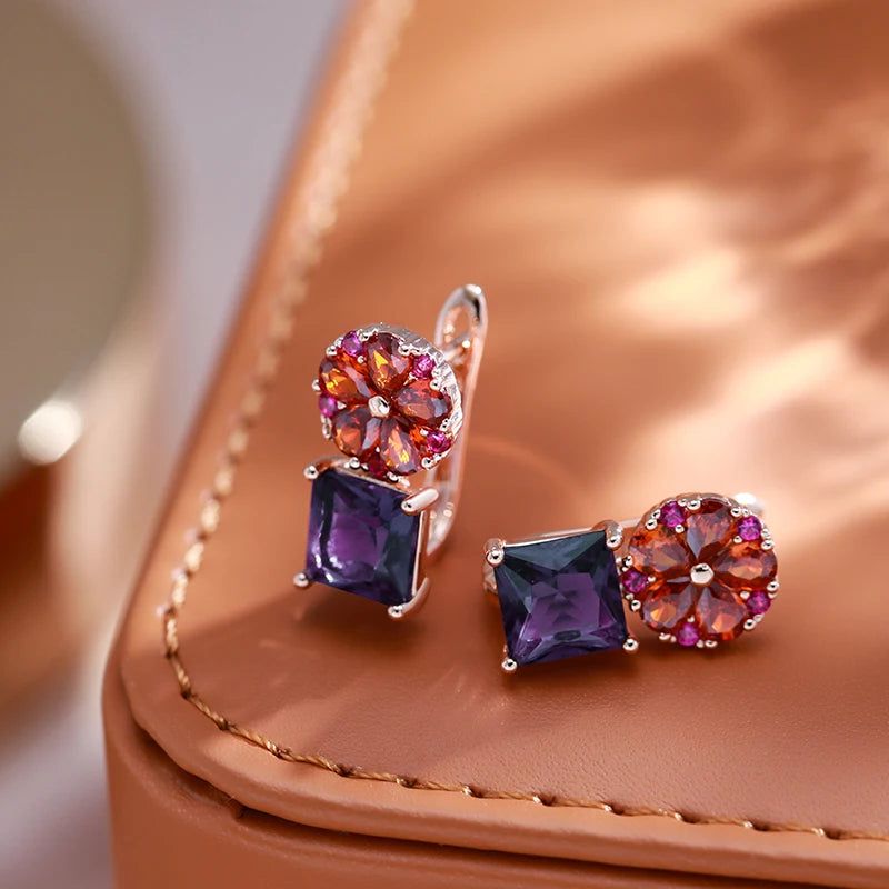 Majestic Square Purple Natural Zircon Drop Earrings in 585 Rose Gold Floral Design