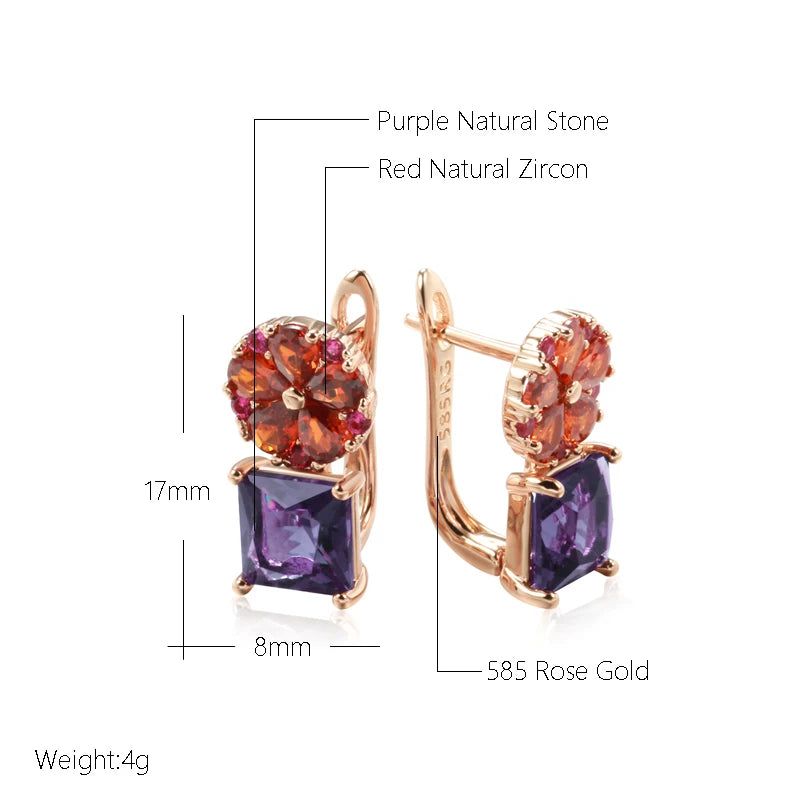 Majestic Square Purple Natural Zircon Drop Earrings in 585 Rose Gold Floral Design