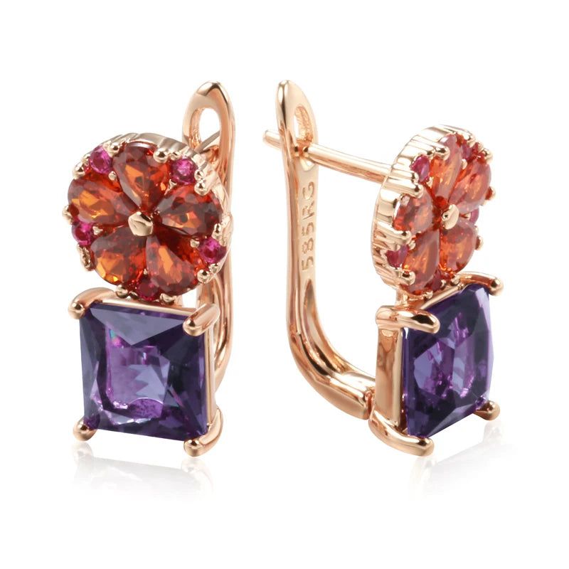 Majestic Square Purple Natural Zircon Drop Earrings in 585 Rose Gold Floral Design