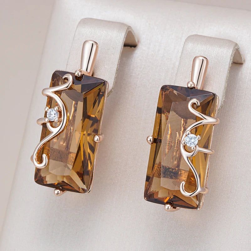 Majestic Square Rose Gold Earrings with Light Brown Zircon - Vintage Style Jewelry