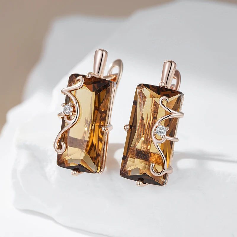 Majestic Square Rose Gold Earrings with Light Brown Zircon - Vintage Style Jewelry