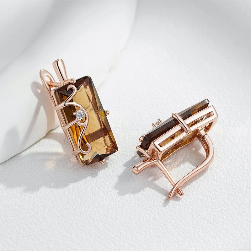 Majestic Square Rose Gold Earrings with Light Brown Zircon - Vintage Style Jewelry