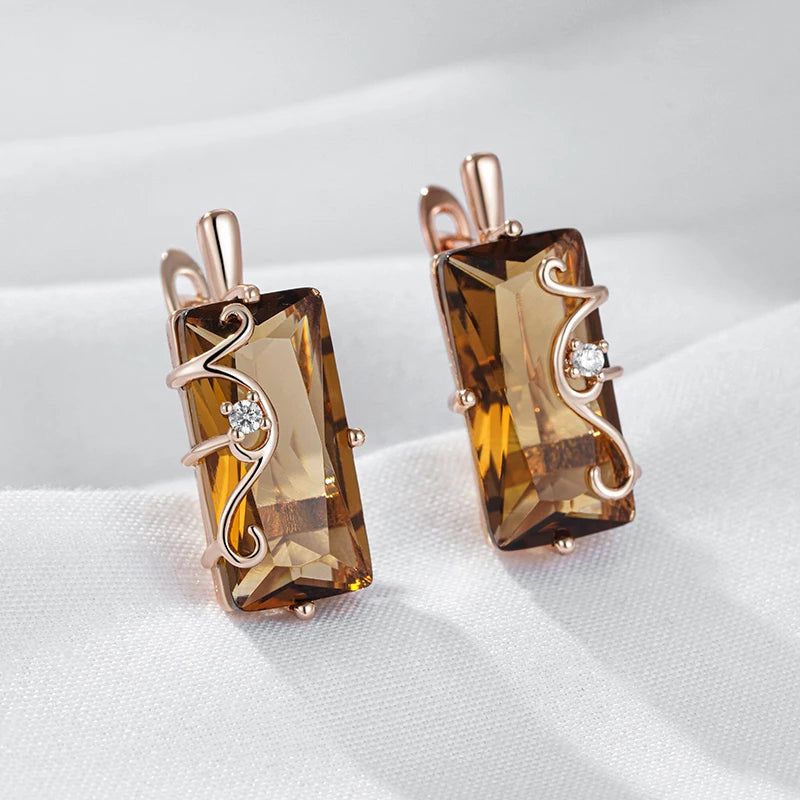 Majestic Square Rose Gold Earrings with Light Brown Zircon - Vintage Style Jewelry