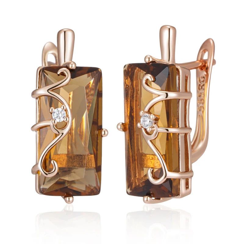 Majestic Square Rose Gold Earrings with Light Brown Zircon - Vintage Style Jewelry