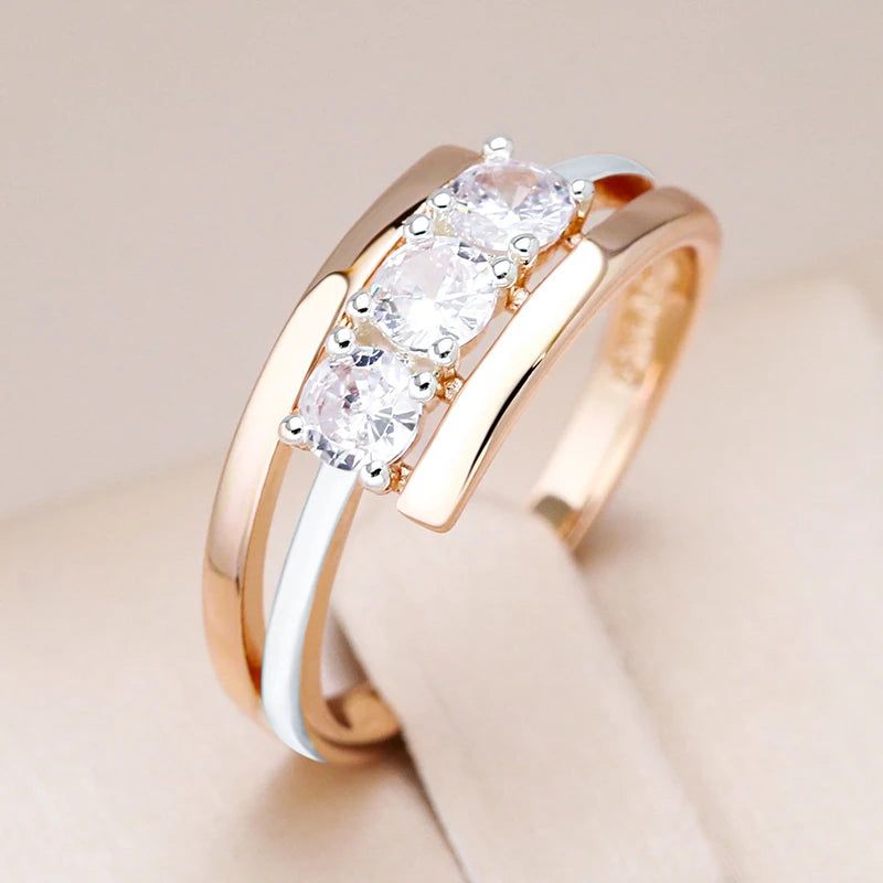 Majestic Triple White Zircon Ring Set in 585 Rose Gold and Silver Design